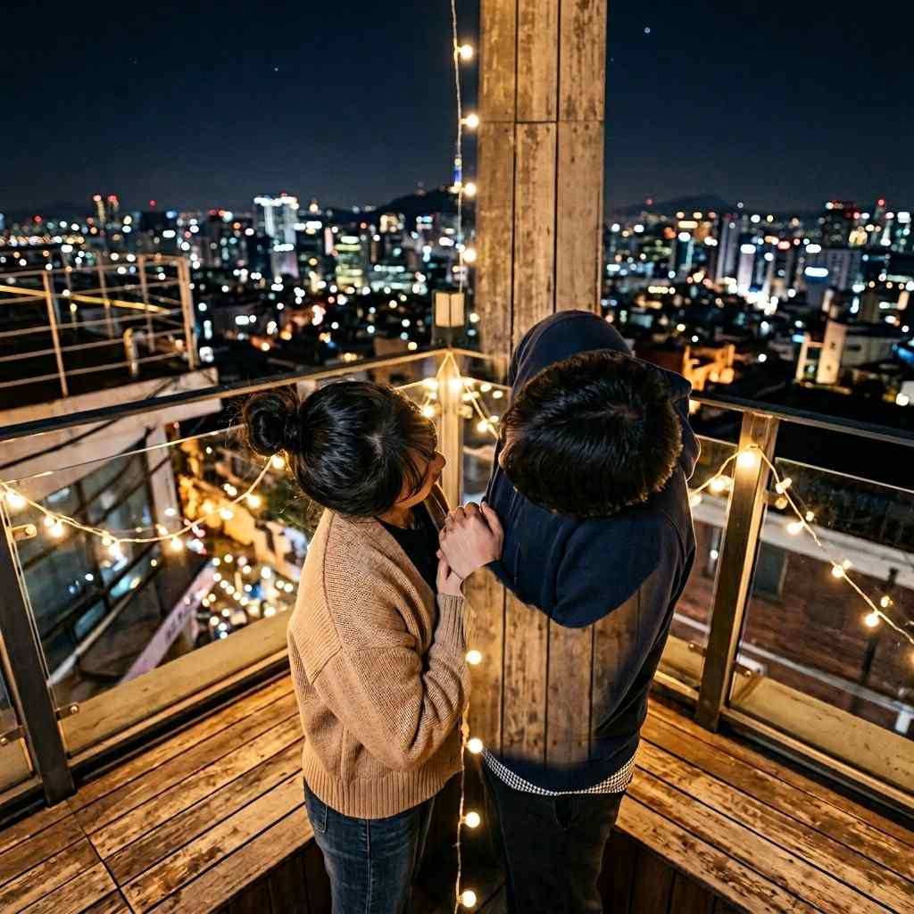 밤하늘 아래에서 애틋하게 마주 보고 있는 남녀 주인공