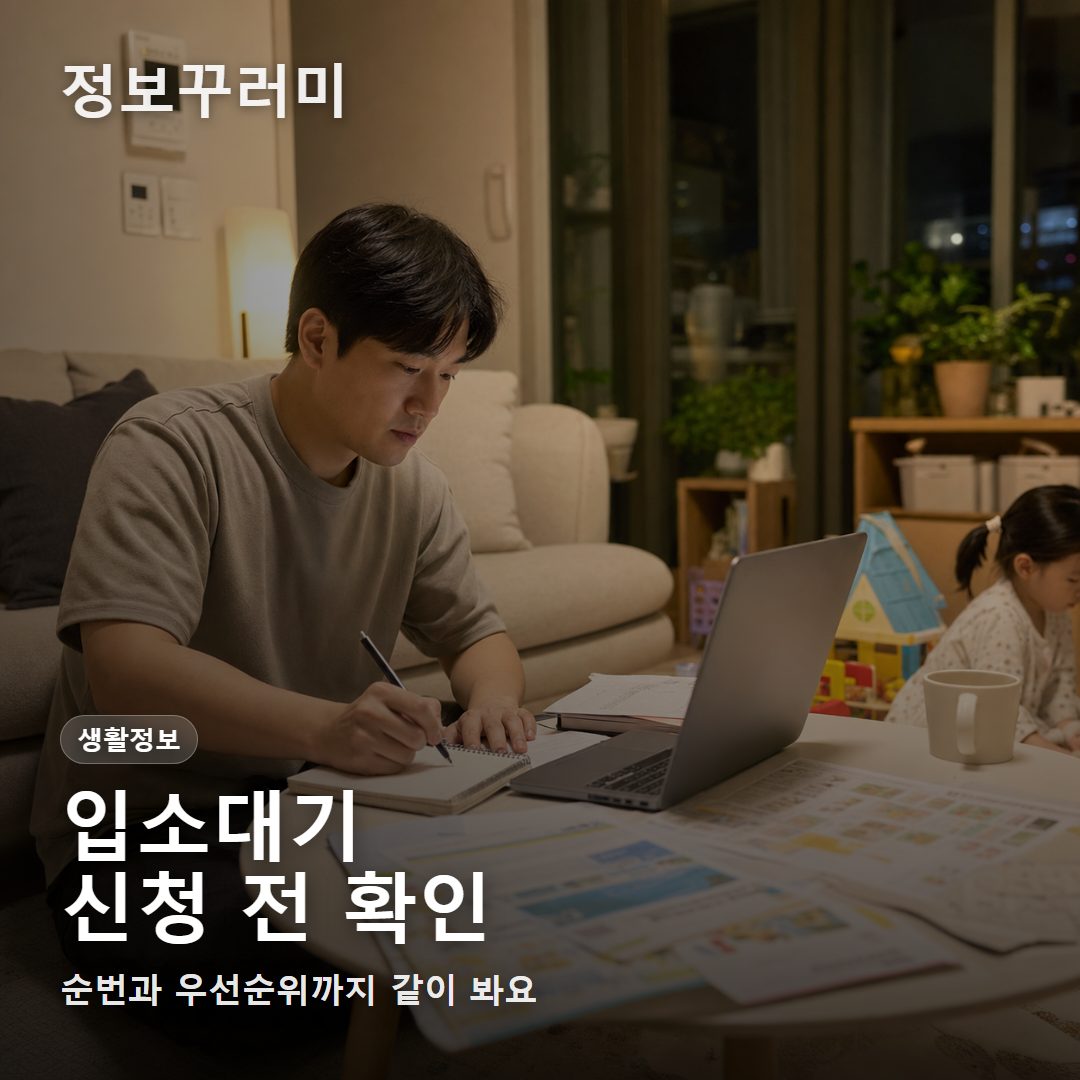 한국 아파트 거실에서 부모가 어린이집 입소대기 신청 메모를 확인하는 모습
