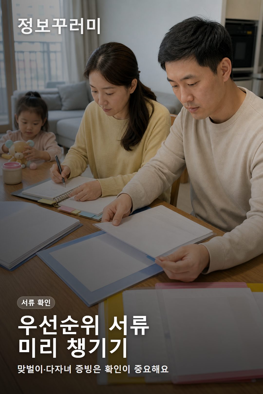 한국 가정 식탁에서 어린이집 입소 우선순위 증빙서류를 정리하는 모습