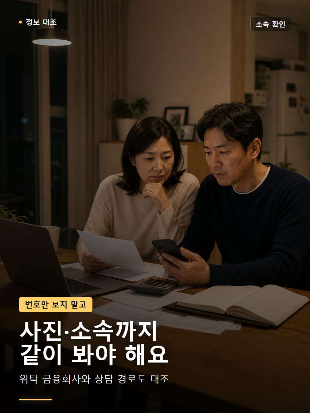 가정 식탁에서 대출상담사 등록번호와 소속 금융회사 정보를 함께 대조하는 장면