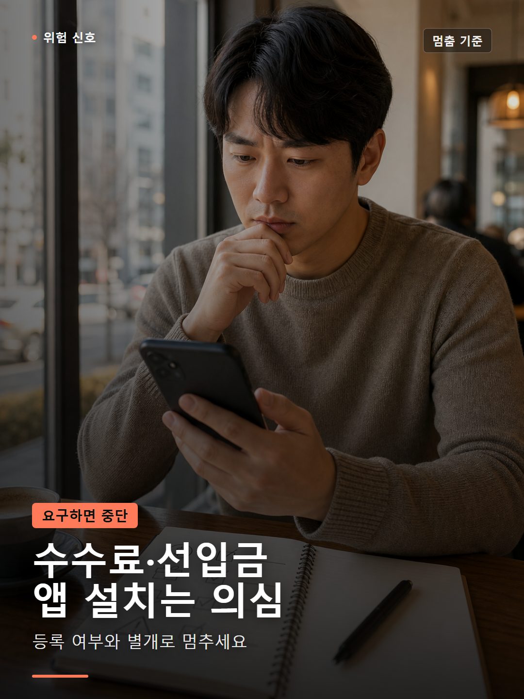 카페에서 대출 문자 링크를 누르기 전 수수료와 앱 설치 위험 신호를 확인하는 장면